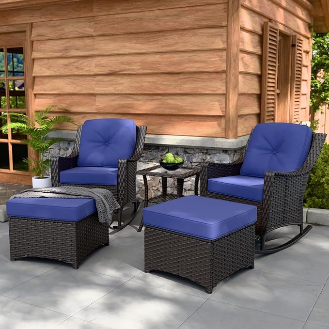 Stone Creek Outdoor Furniture Set with Rocking Chairs, Side Table & Ottomans, Wicker Patio Conversation Set, Balcony Furniture, 5 Piece, Brown/Blue