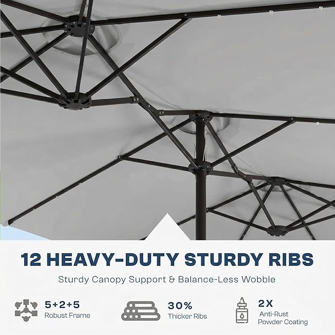 15FT Large Outdoor Patio Umbrella with Solar Lights and Base, Double-Sided Table Umbrellas with 48 LED Lights, Rectangle Market Umbrella for Pool, Deck, Backyard