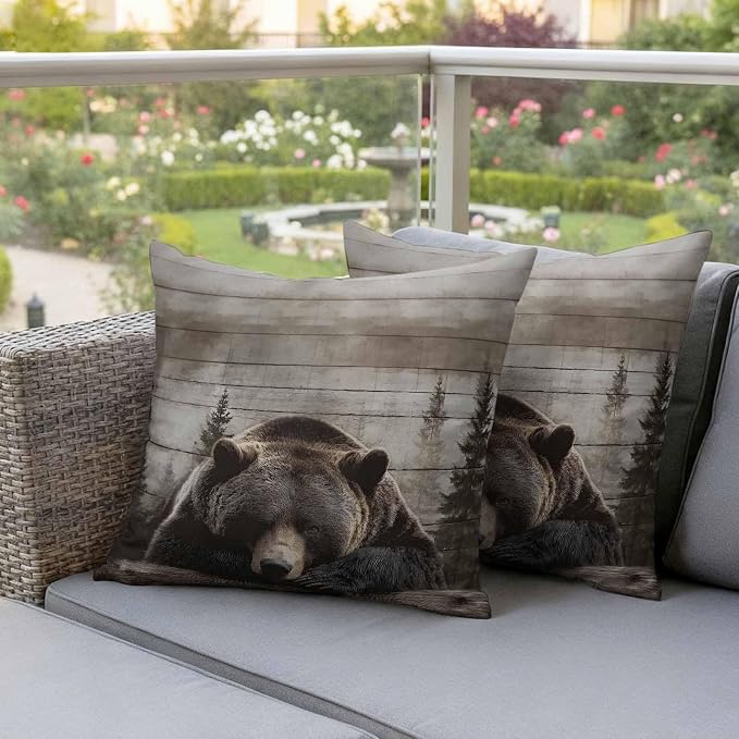 Sleeping Bear Outdoor Pillow Covers 20"x20" Set of 2, Animal Forest Rustic Planks Waterproof Throw Pillow Covers for Patio Furniture, Decorative Cushion Covers for Porch