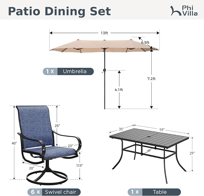 PHI VILLA Outdoor Dining Set with Umbrella for 6, Swivel Mesh Chairs | Includes 1 rectangle metal table, 6 textilene chairs and 13ft beige umbrella(NO BASE), designed for deck, backyard, garden
