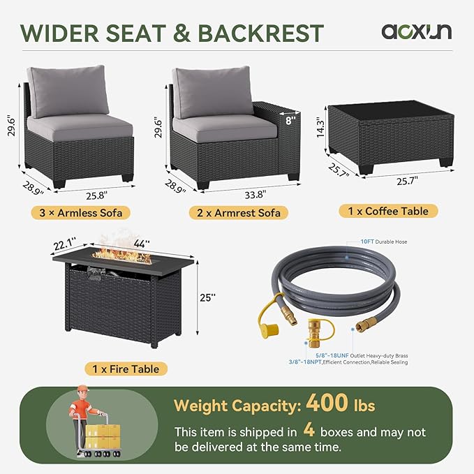 Aoxun Outdoor Patio Furniture Set with 44'' Fire Pit Table, 7 Pcs Outdoor Patio Furniture Sets with 4in Thicken Cushion, Widen Armrests Wicker Outdoor Sectional for Backyard (Gas Converter Include)