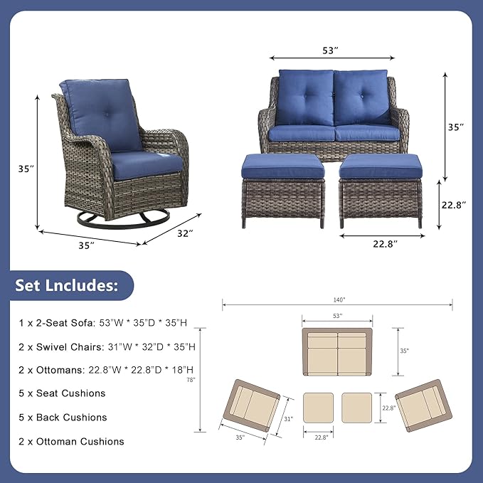 Rilyson Wicker Patio Furniture Set - 5 Piece Rattan Outdoor Sectional Conversation Sets with 2 Rocking Swivel Chairs,2 Ottomans and 1 Loveseat for Porch Deck Garden(Mixed Grey/Blue)