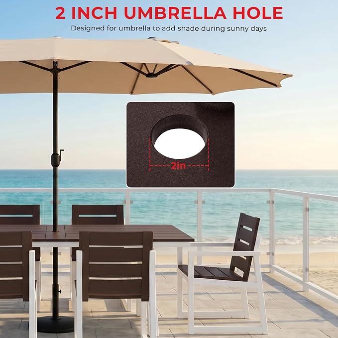 Costaelm Stinson 9-Piece Outdoor HDPE Patio Dining Table Set with Umbrella Hole & Dining Chairs for 8, Dark Brown