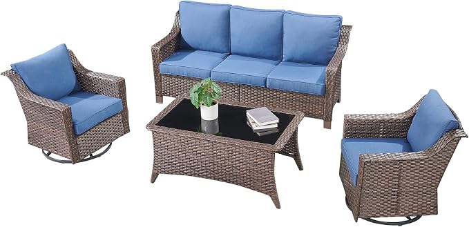 Outdoor Patio Furniture Set-All-Weather Rattan Wicker Couch with Outdoor Swivel Chair Patio Conversation Sets for Porch Garden Backyard Poolside-Brown/Blue