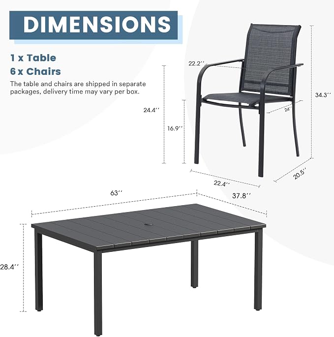 DIFY 7 Pieces Outdoor Patio Dining Set for 6, 63" Black Rectangle Metal Dining Table and 6 Grey Stackable Sling Dining Chairs, Outdoor Table and Chairs for Lawn Garden Backyard Deck