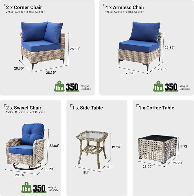 10 Piece Outdoor Patio Furniture with Swivel Rocking Chair, Rattan Wicker Conversation Set with Glowing Coffee Table, Sectional Single Chairs for Porch Balcony Backyard Pool,Blue