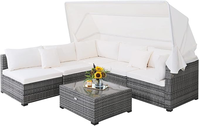 HAPPYGRILL 6-Piece Rattan Wicker Furniture Set with Canopy, Patio Conversation Set with Tempered Glass Coffee Table, Outdoor Sectional Sofa Set for Backyard Poolside