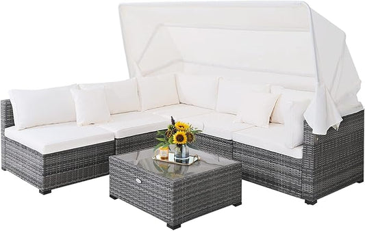 HAPPYGRILL 6-Piece Rattan Wicker Furniture Set with Canopy, Patio Conversation Set with Tempered Glass Coffee Table, Outdoor Sectional Sofa Set for Backyard Poolside