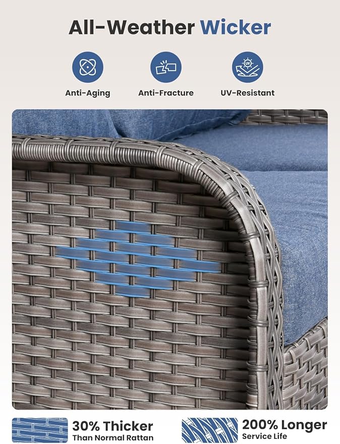 8-Piece Outdoor Patio Furniture Set with Swivel Chairs, Outdoor Conversation Wicker Sofa with Coffee Table, Rattan Couch for Deck Yard Poolside, Blue