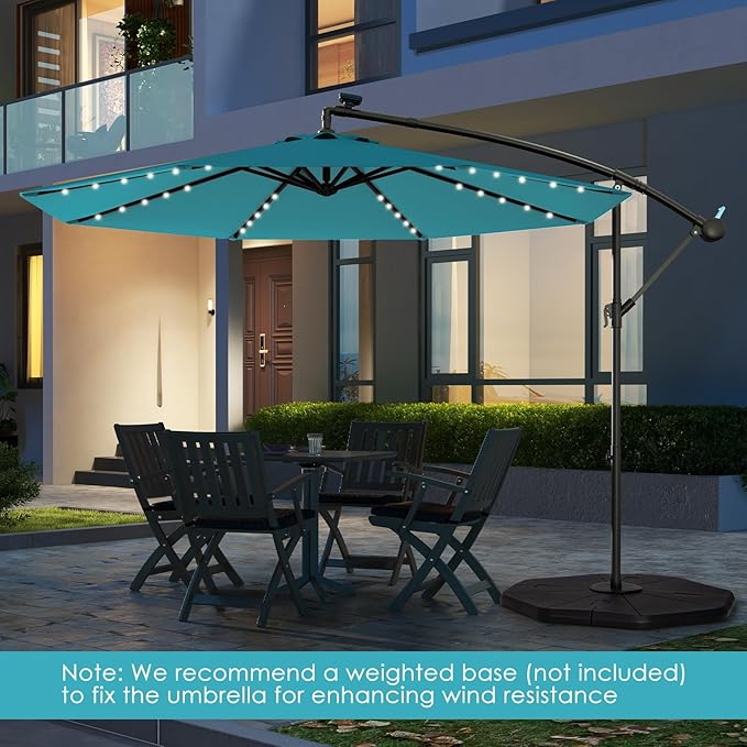 Tangkula 10 Ft Patio Offset Umbrella, 40 LED Lighted Market Umbrella W/8 Sturdy Ribs, Easy Tilt Adjustment & Crank, Polyester Shade, Ideal for Backyard, Garden, Seaside, Store, Pool (Turquoise)