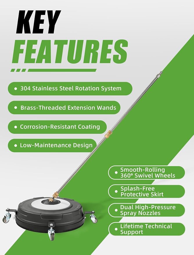 15" Pressure Washer Surface Cleaner, 304 Stainless Steel Rotary System, Anti-Rust Coating, 4 Wheels, 2 Extension Wands, Max 5000 PSI for Concrete, Patio, Sidewalk & Driveway - 2 Nozzles