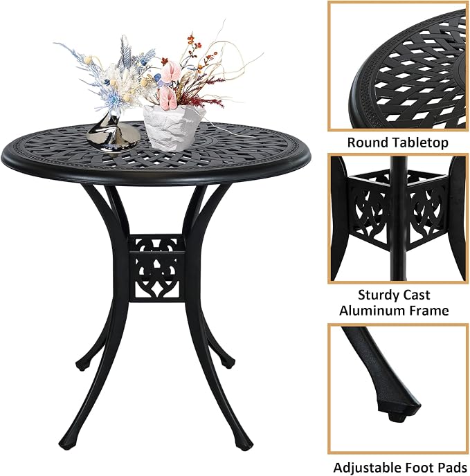 30.31" Patio Dining Table, All-Weather Cast Aluminum Table with 2.36" Umbrella Hole, Outdoor Dining Table for Backyard and Poolside