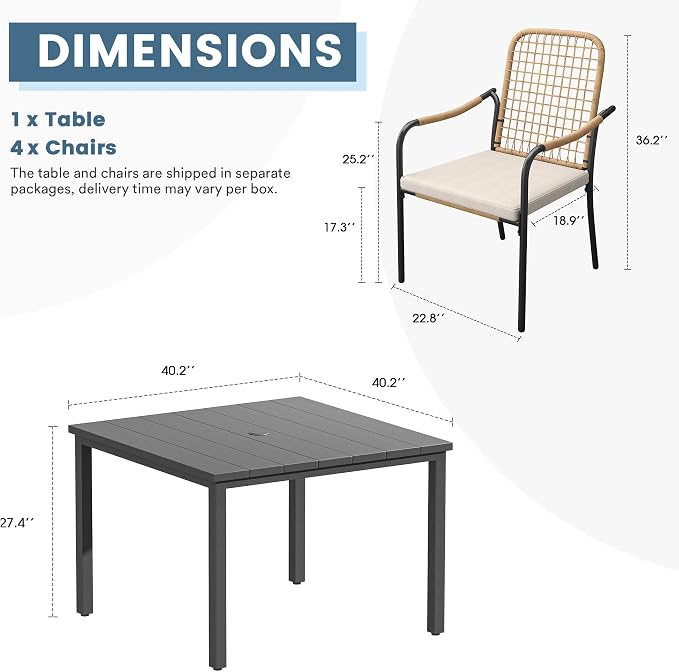 DIFY 5 Pieces Outdoor Dining Set, Metal Patio Table and Chairs Set for 4, 40.2" Square Dining Table with Umbrella Hole & Wicker Stackable Patio Chairs with Cushions, Grey Tabletop
