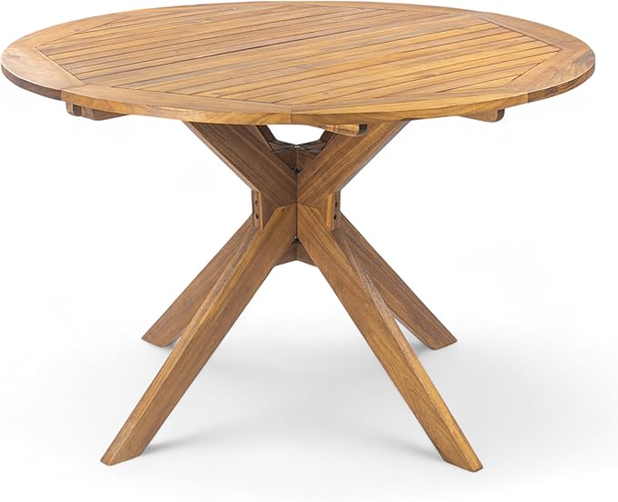 Christopher Knight Home Abact Acacia Wood Patio Dining Set for 4, Solid Wood Outdoor Dining Table Set for 4, Round Dining Table and Chairs Set of 4 with Cushion, Teak+Beige