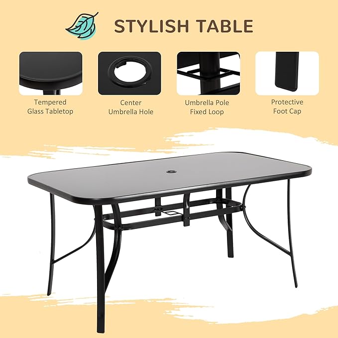 Outsunny 8 Pieces Patio Table and Chairs Set with 9 Ft Patio Umbrella, Outdoor Dining Set with 4.6 Ft Dining Table and 6 Chairs, Push Button Tilt and Crank Parasol, Tempered Glass Top, Mixed Brown