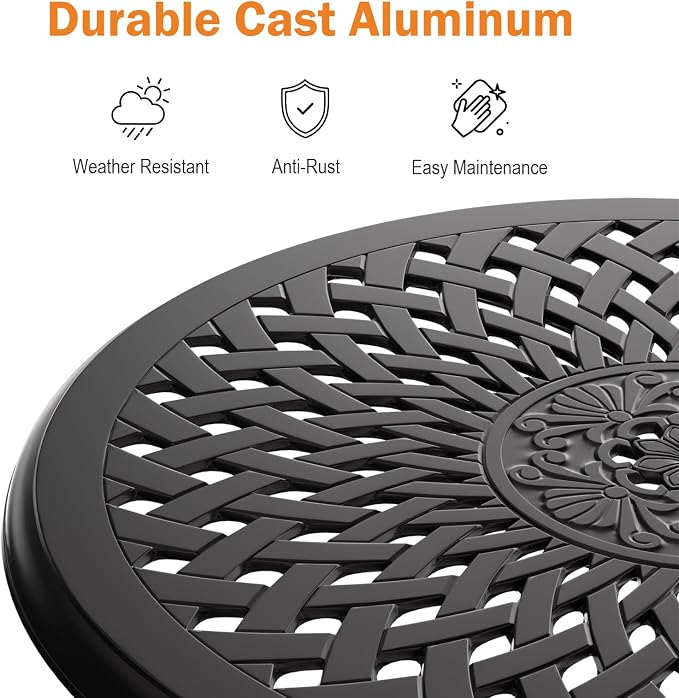 Round Outdoor Coffee Table, Cast Aluminum Side Table with Storage,Indoor End Table, All-Weather Bistro Table for Patio Garden Lawn,Black
