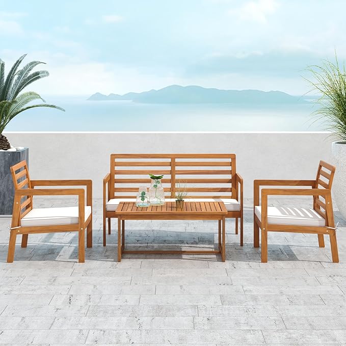 HAPPYGRILL 4 Piece Wood Patio Conversation Set, Armchairs Loveseat & Coffee Table Set with Cushions, Acacia Wood Frame, Outdoor Furniture Set for Porch, Garden, Backyard, Poolside