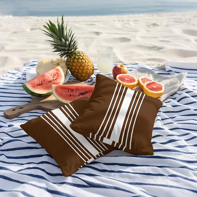 Brown White Stripe Outdoor Pillow Covers 20x20 Inch Throw Pillow Covers Set of 2 Waterproof Decorative Pillow Cases Modern Rustic Vertical Striped Cushion Covers for Patio Furniture Garden Couch Sofa