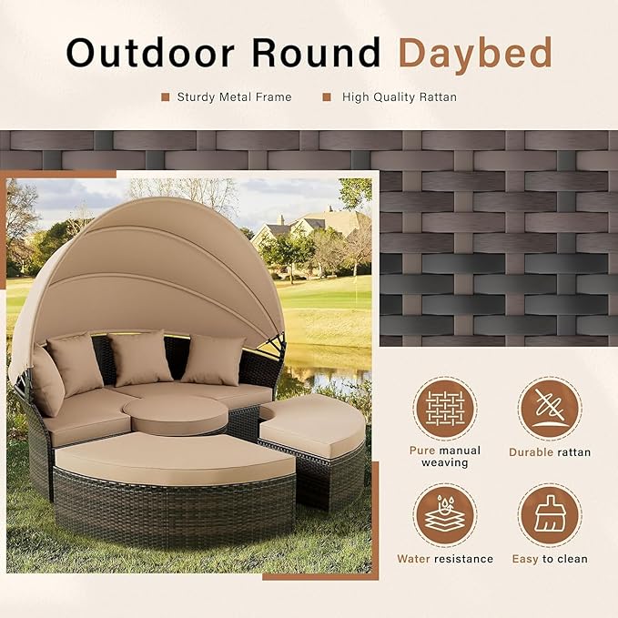 Patio Round Daybed with Canopy, Outdoor Wicker Rattan Sectional Sofa Set with Cushions, Patio Conversation Set for Backyard, Porch, Pool (Brown)
