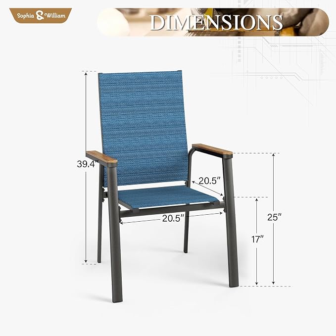 Sophia & William Patio Dining Chairs Set of 2, Stackable Aluminuum Frame | Blue textilene, Weather-resistant, light-weight & space-saving, Breathable & quick-drying, Outdoor deck backyard porch