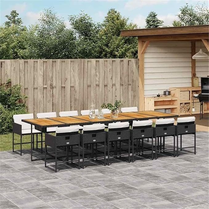 Afuera Living 13 Piece Steel Garden Dining Set, Black Powder-Coated Finish, Rectangular Table with 12 Chairs and Cushions, UV-Resistant, Outdoor Patio or Balcony Use, 129.9 x 41.7 x 28.7 Inches
