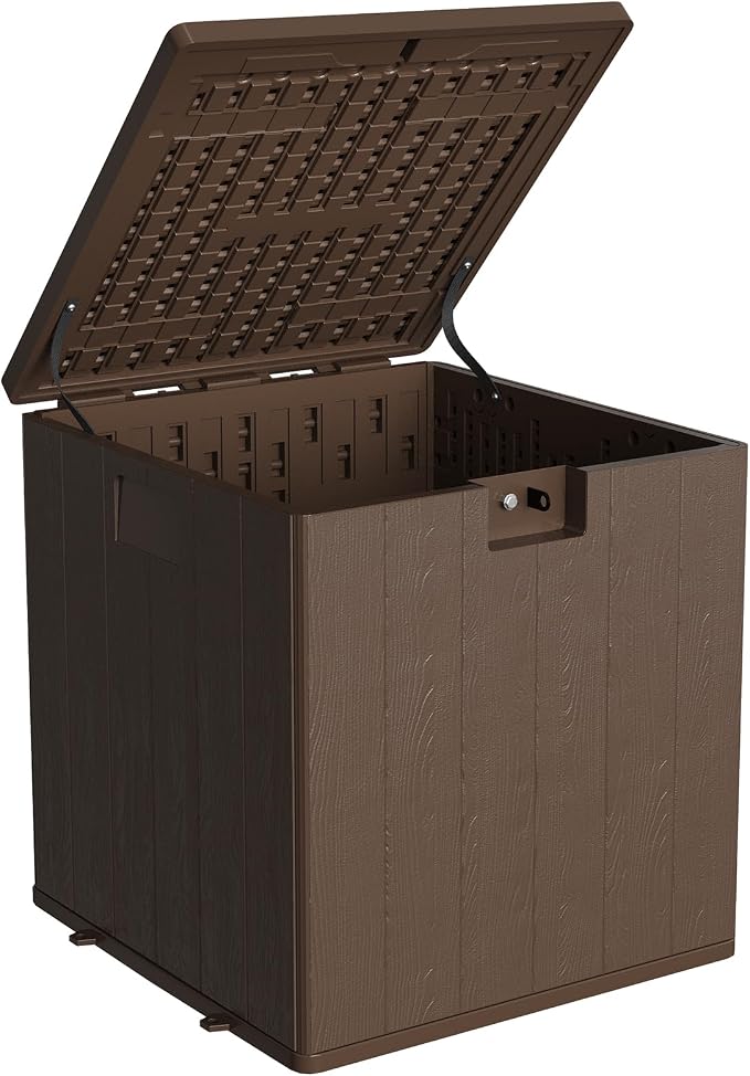 Jojoka Brown Resin Deck Box, Outdoor Waterproof Lockable Storage Box, Patio Square Container for Package Delivery, Furniture Cushions, Garden Tools, Pool Accessories
