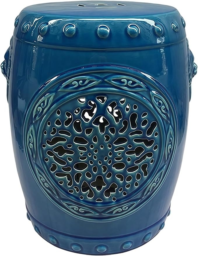 Decorative Ceramic Garden Stool, Hand-Crafted Outdoor Side Table, Shoe Changing Drum Stool for Patio, Living Room Accent Furniture(Dark Blue)