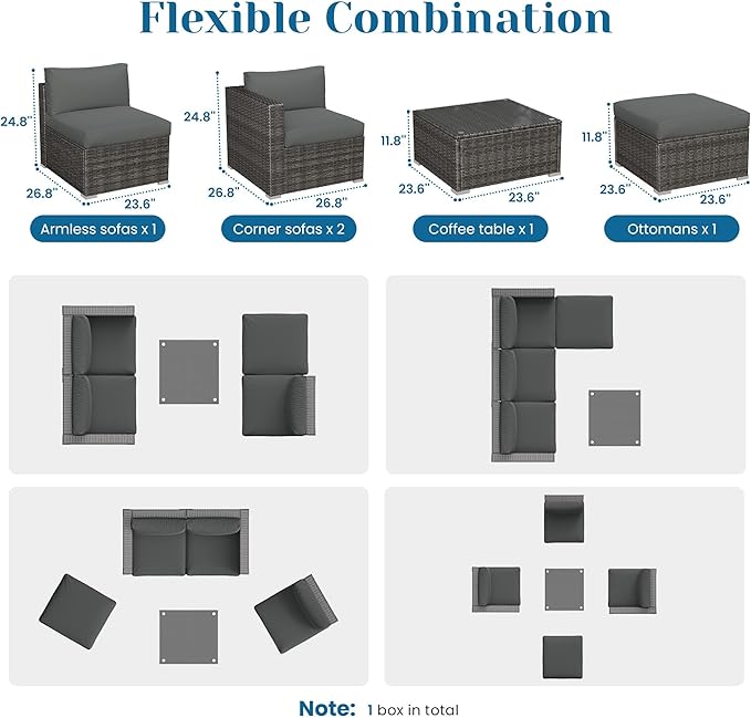 Outdoor Patio Furniture Set, Rattan Outdoor Sectional Furniture, Patio Conversation Sets for Balcony, Porch, Backyard, Deck, Garden, Dark Grey