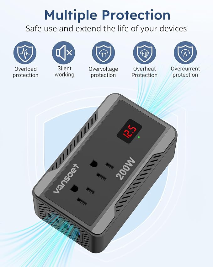 200W Car Power Inverter DC 12V to 110V AC Converter with [PD 30W & 15W] Fast Charging USB C/3.0A Dual USB Charging Ports, Car Outlet Adapter for Phone, Laptop on Road Trip (Black)