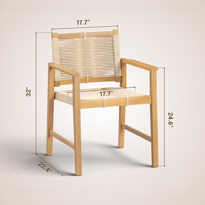 NTC Luno Set of 2 Solid Wood Lounge Armchairs with Handwoven Rope Seat & Back, Indoor & Outdoor Wooden Chairs for Patio Dining Sets, Modern Patio Lounge Chairs, Easy Assembly, Natural