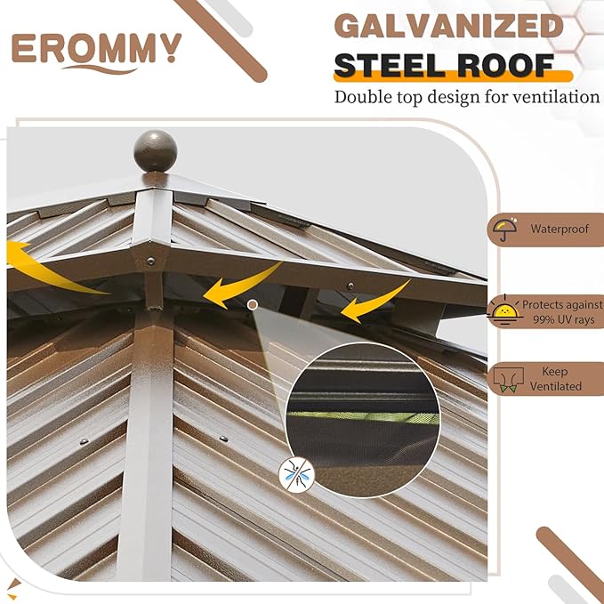 EROMMY 14'x22' Hardtop Gazebo Double Roof Galvanized Steel Canopy Outdoor Aluminum Frame Permanent Metal Pavilion with Netting and Curtains for Patio Backyard Deck and Lawns