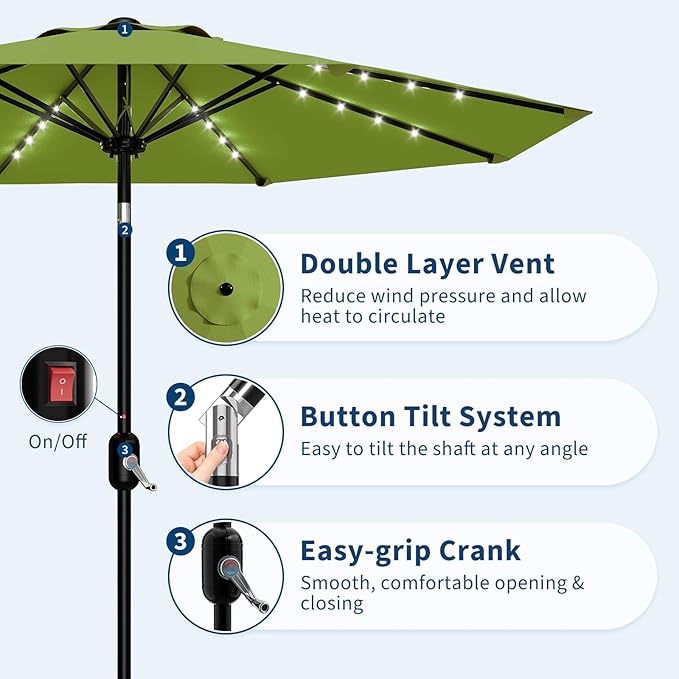 Garvee 9/10 FT Solar Patio Umbrella with 32 LED Lights - Outdoor Table Umbrella with Crank Lift, Push Button Tilt and 8 Sturdy Ribs - Market Umbrella UV Protection for Pool, Deck, Yard, Garden