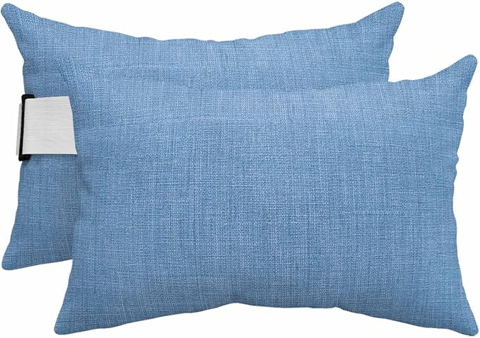 Blue Outdoor Lumbar Pillows 12x20 Set of 2, Farmhouse Burlap Solid Blue Color Modern Linen Texture Waterproof Throw Pillow Covers with Insert, Decorative Support Pillows for Lounge, Chaise