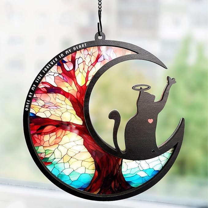BamLue Pet Memorial Suncatcher for Window Decoration Ornament, Cat Memorial Gifts Loss of Sympathy for Pet Lover Cat Sun Catchers, Double-Layer DIY Life Tree of Loss of Sympathy Memories Gift
