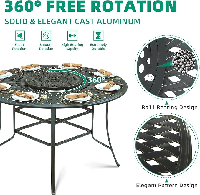 VIVIJASON 61" Patio Round Height Bar Table, All-Weather Cast Aluminum High Top Dining Table with 24" Lazy Susan & Umbrella Hole for Outdoor Balcony, Porch and Deck, Fits for 6-8 Person, Dark Bronze