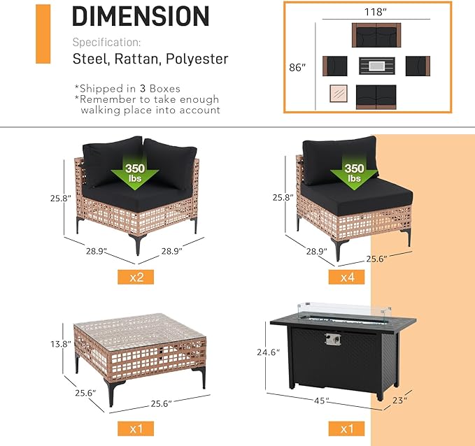 Patiorama 8 Piece Wicker Patio Furniture Set with 45” Fire Pit Table,Natural-Colored PE Rattan Outdoor Sectional Sofa, 50000 BTU Propane Fire Pit w/Wind Guard,Cover,Water Resistant Cushion-Black