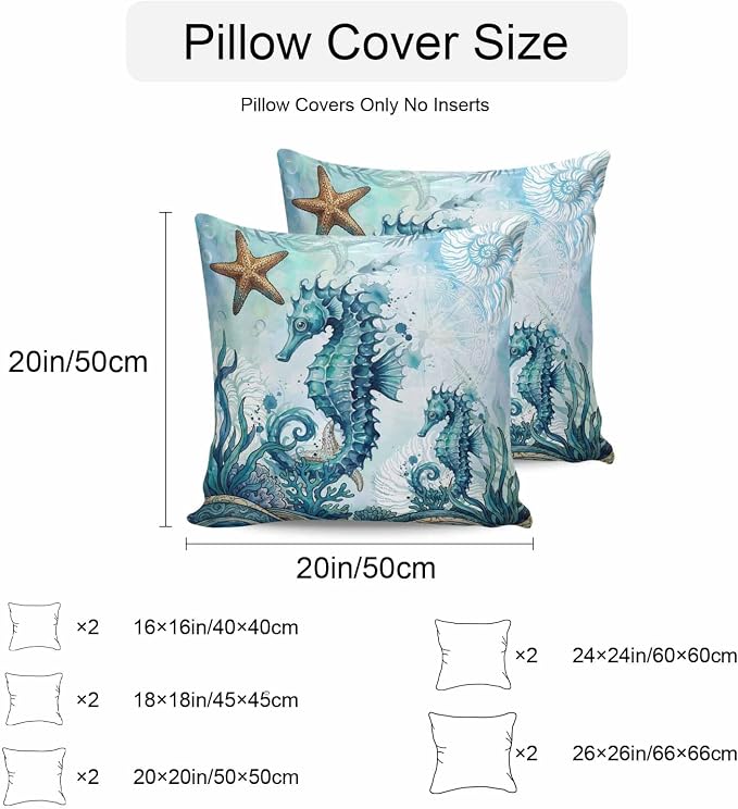 Ocean Seahorses Outdoor Pillow Covers 18x18 Inch Throw Pillow Covers Set of 2 Waterproof Decorative Pillow Cases Coastal Animals Seaweed Strafish Compass Blue Cushion Covers for Patio Furniture Garden