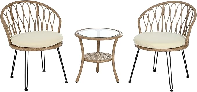 Montary 3 - Piece Outdoor Leisure Set,2 Stylish Hand - Woven Rattan Single Chairs & a Sturdy Tempered Glass Round Table - Ideal for Relaxing on Balconies and Courtyards,Natural & Beige