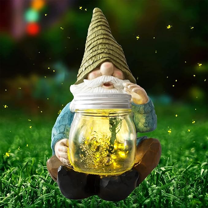 Solar Firefly Jar Gnome Waterproof, Mother's Day,Birthday Housewarming Gifts for Mom Women,Large Garden Gnome Funny Solar Outdoor LED Lights Resin Statues 10.6" Lantern Figurines Decorations