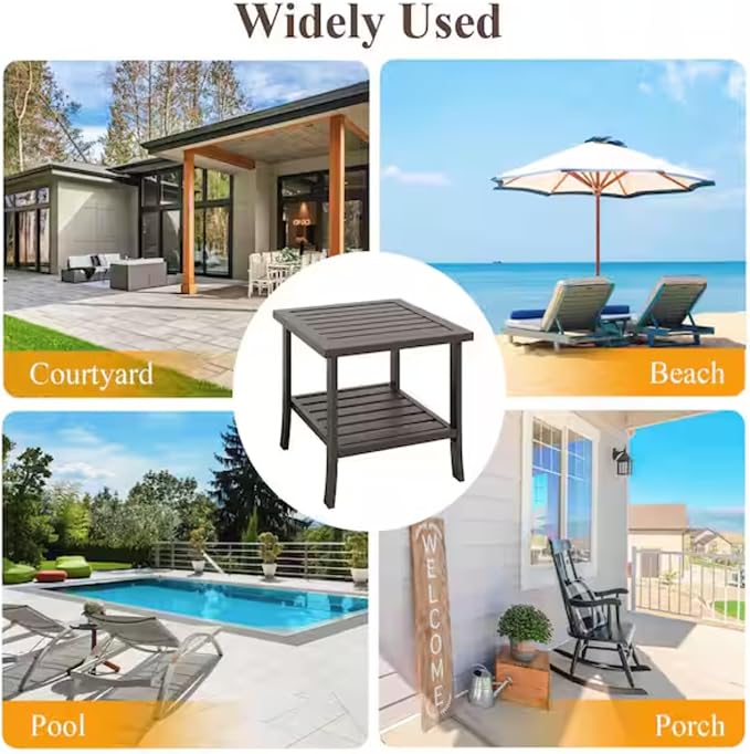 Penau 19 Inchs Square Metal Outdoor Side Table, 2 Tier Powder Coated Steel End Table, Slatted Top for Quick Drainage, Compact Patio Accent Table 19 x 19 x 18 Inchs, Brown