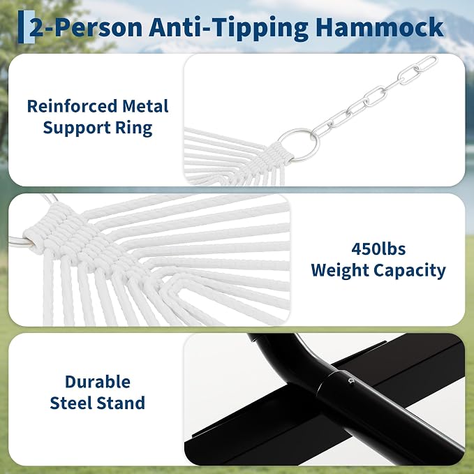 2 Person Hammock with Stand for Outdoor, 475 Lbs Capacity, Heavy Duty Portable Hammock with Adjustable Steel Stand for Patio, Garden, Beach, Backyard - Includes Carrying Bag