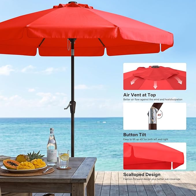 ABCCANOPY 10ft Scalloped Patio Umbrella, Outdoor Table Umbrella with Tilt and Crank, Fiberglass Ribs Deck Umbrella for Patio, Pool, Garden, Picnic (Bright Red)