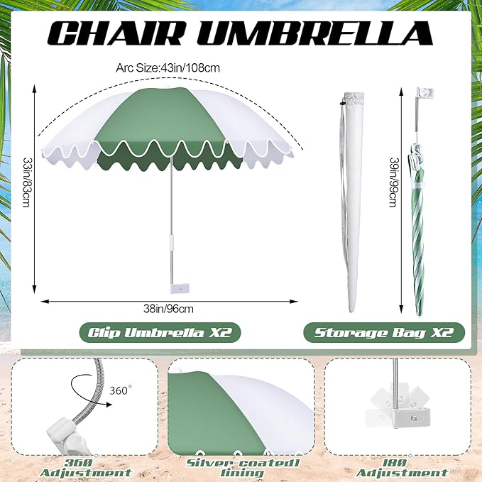 Abbylike 2 Pcs Scalloped Chair Umbrella with Universal Adjustable Clamp 38'' Portable Wheelchair Umbrella UPF 50+ Camping Chair Parasol with Bag for Outdoor Patio Lawn