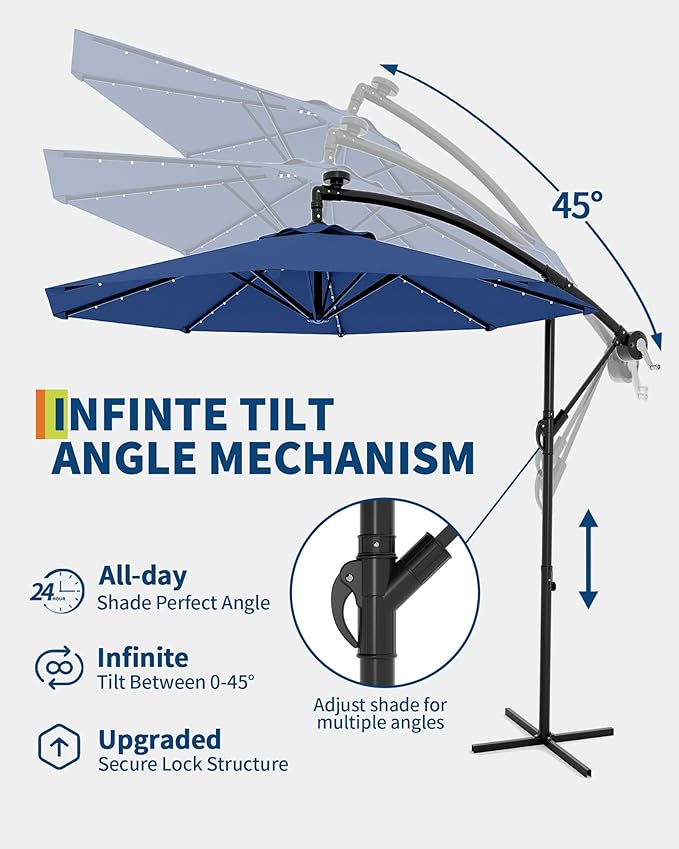 10FT Cantilever Patio Umbrella with Solar LED Lights - Heavy Duty 2-Tier Square Aluminum Offset Outdoor Umbrella, 360° Rotation for Poolside, Backyard, Deck Outdoor Use, Tan