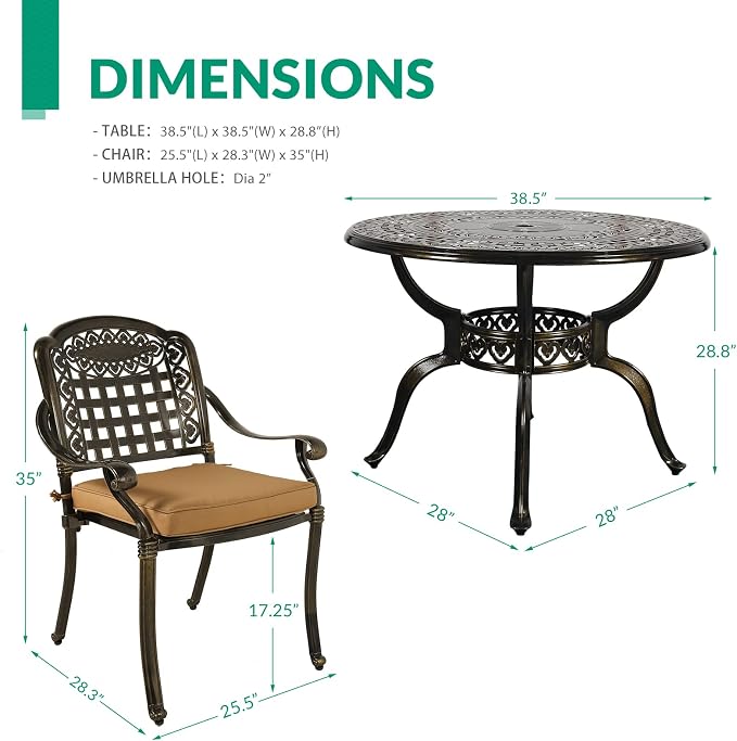 VIVIJASON 5-Piece Patio Furniture Dining Set, All-Weather Cast Aluminum Outdoor Conversation Set, Include 4 Cushioned Chairs and 1 Round Table w/Umbrella Hole for Balcony, Lawn, Garden, Backyard