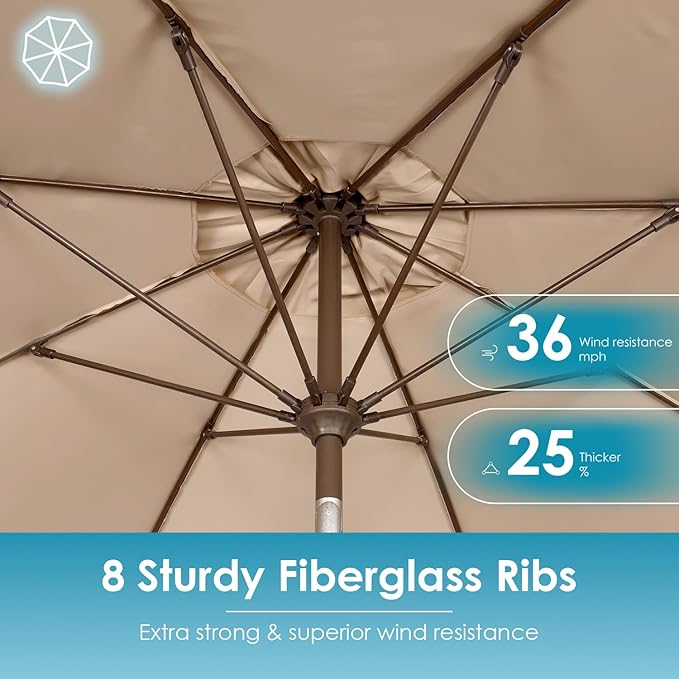 GREENVINES 9-FT-Patio-Umbrella | Outdoor-Table-Umbrellas | 8 Sturdy Fiberglass Ribs | Push Button Tilt & Crank | Waterproof | Market Umbrella | for Pool Backyard Garden Deck | Tan