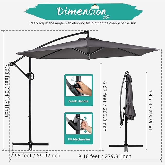 Shintenchi Offset Patio Umbrella with Easy Tilt Adjustment,Crank and Cross Base, Outdoor Cantilever Hanging Umbrella, Sunshade Free Standing Canopy, Dark Gray