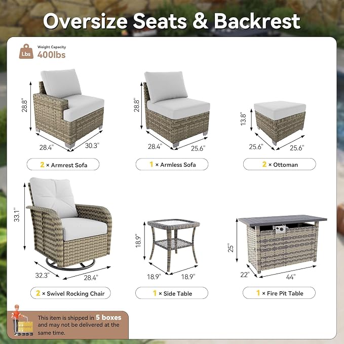 LazySunsets Luxury Patio Furniture Set with Fire Pit Table，All-Weather Patio Sectional Sofas with Thickened Cushions, 9 Piece Outdoor Furniture Sectional Set with Swivel Rocker Chairs of 2，Grey