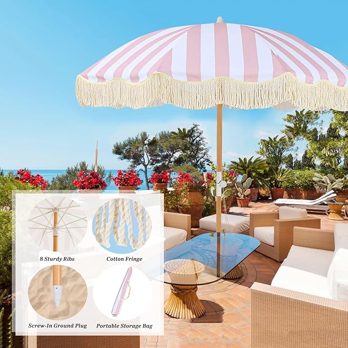 Table Umbrella Windproof 6.5ft Boho Beach Umbrella With Fringe UV50+Tassel Umbrellas Portable Outdoor Umbrella With Carry Bag Pink White Striped Patio Umbrella Tilting Wood Pole for Garden Pool