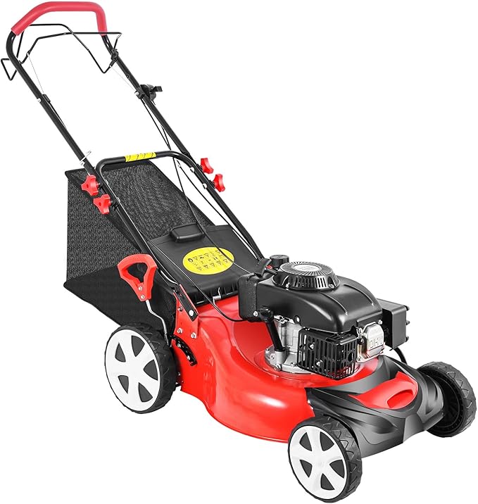 21 Inch Self Propelled Gas Push Lawn Mower, 140cc 4-Stroke Engine Gas Lawn Mower, 8-Position Height Adjustable Heavy Duty Garden Weeder, Large 60L Grass Bag Easy Push Mower for Small to Medium Yards